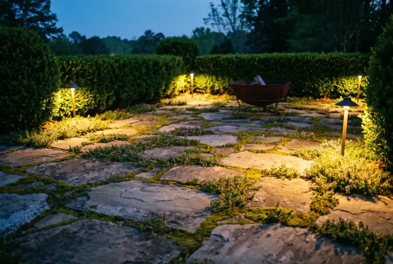 A flagstone patio at dusk with planted joints and low landscape lighting