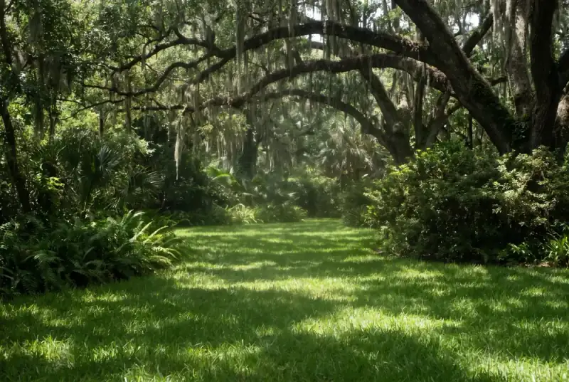 A deep summer lawn under heavy live oak canopy with hard dappled shade